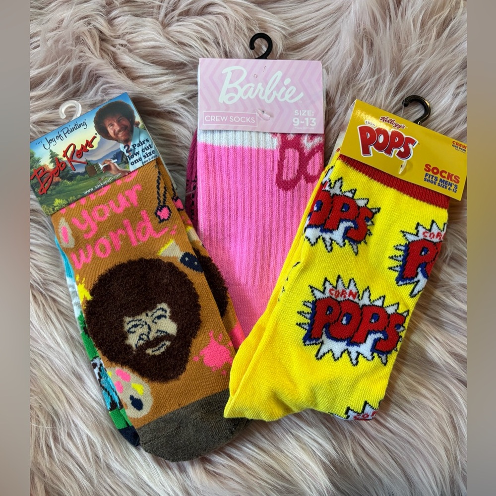 BUNDLE: Bob Ross, Barbie, and Pops Graphic Socks Set ( 4 Pairs of Socks)